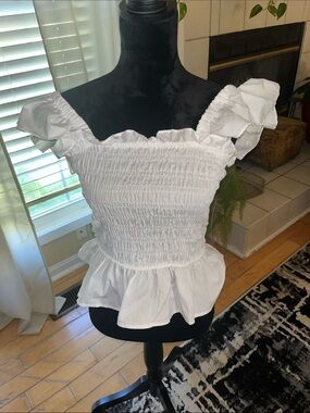 White Smocked Ruffle Peplum Women's Top